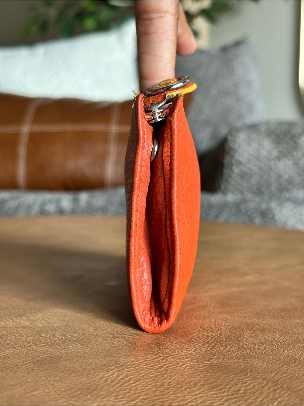 Vintage Cole Haan Pebbled Leather Zip Coin Purse & Key Pouch | Coral Orange - Picture 8 of 8